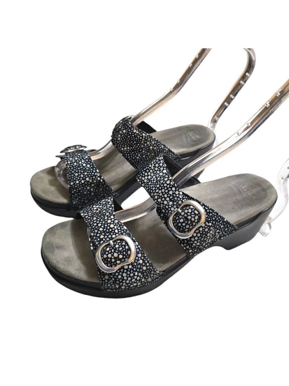 Dansko Sophie Black Shagreen Open Toe Wedge Sandals Sz 8M